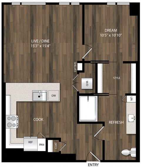 Floor plan for 1 bed, 1 bath, 815 sqft